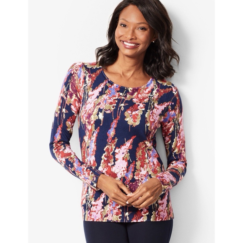 TALBOTS Women's pullover Sweater 100% Merino Wool Navy Floral Lightweight SZ-P=S